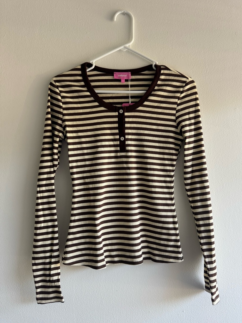 Edikted Brown and Cream Striped Long Sleeve Henley Top